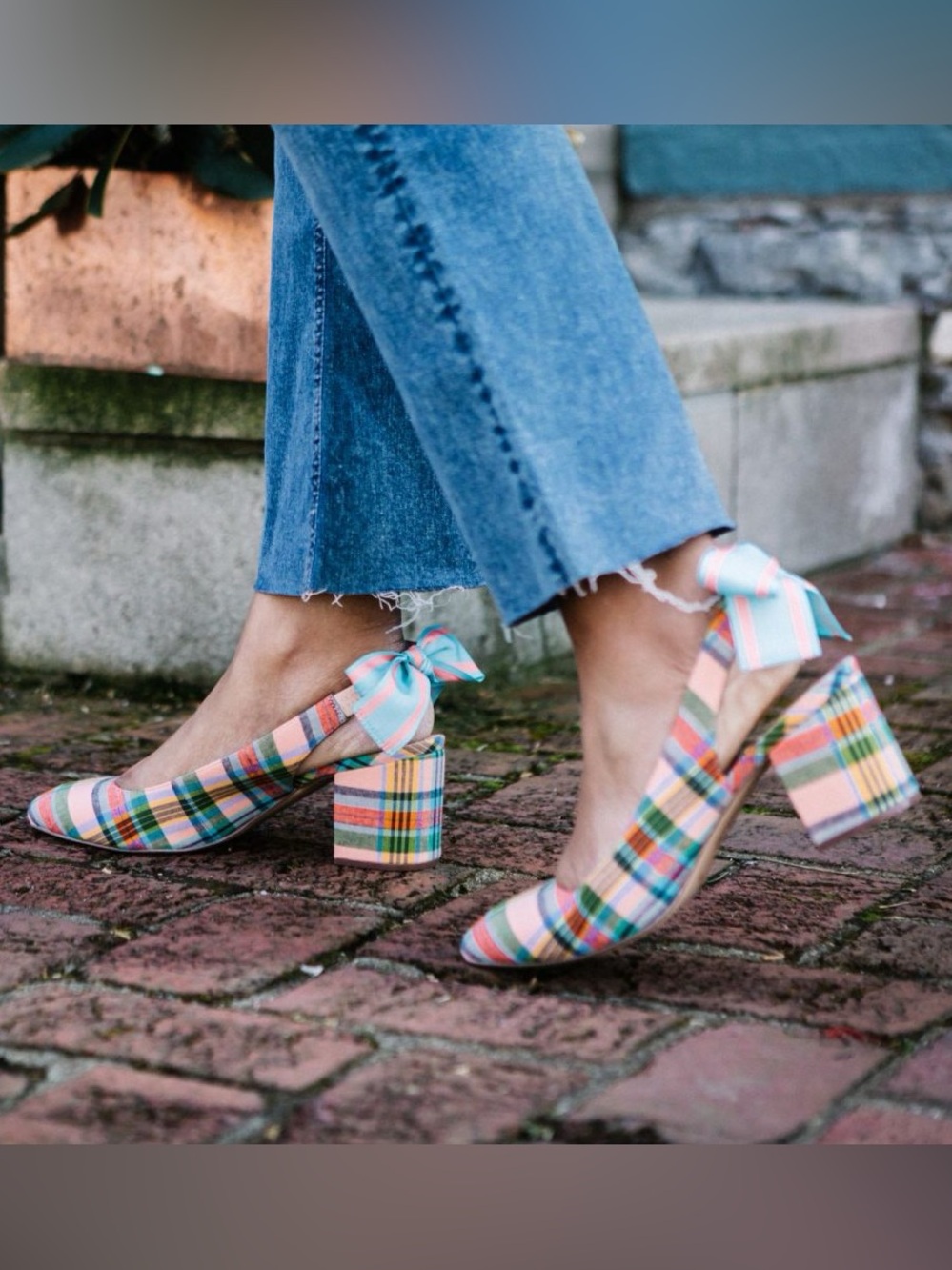 J. Crew Bow-Back Slingback Pumps Pastel Ribbon Plaid Block Heel Preppy Coquette
